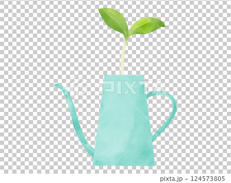 Cute two-leafed plant sprouting from a watering can 124573805