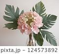 Watercolor Pink Peonies and Tropical Leaves Pattern 124573892