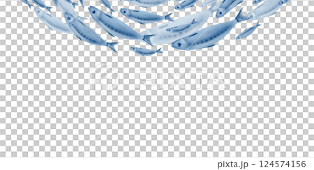 Sardine fish in a semicircular frame swimming in a shoal stylized watercolor illustration on a transparent background for fish restaurants, websites, posters, fish markets and stores Sardine fish in a semicircular frame swimming in a shoal stylized watercolor illustration on a transparent background for fish restaurants, websites, posters, fish markets and stores 124574156