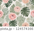 Watercolor Pink Peonies, Dahlias and Monstera Leaves Seamless Pattern 124574166