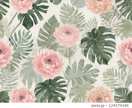 Watercolor Pink Peonies, Dahlias and Monstera Leaves Seamless Pattern 124574166