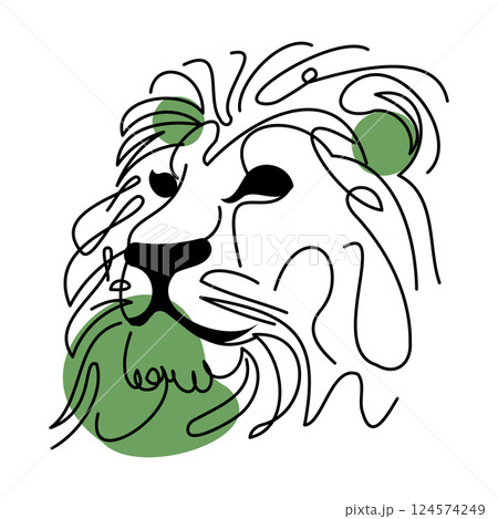 Stylized one-line drawing of a lion head in profile view, showcasing bold mane and strength with abstract green highlights. 124574249