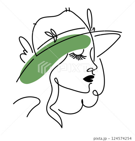 Minimalist line art of an elegant woman wearing a wide-brim hat with leaf accents, symbolizing style, grace, and femininity. Minimalist line art of an elegant woman wearing a wide-brim hat with leaf accents, symbolizing style, grace, and femininity. 124574254