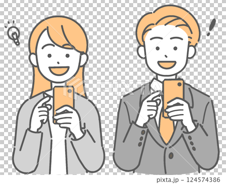 圖：身著西裝的年輕男子和女子微笑著，手裡拿著智慧型手機 124574386