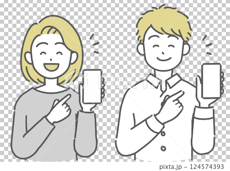 Illustration of a smiling young man and woman holding a smartphone 124574393