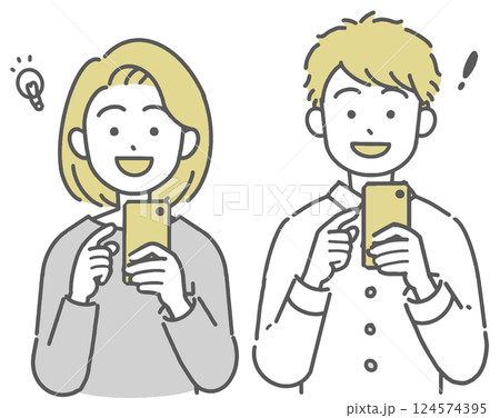 スマホを見て笑顔の若い男女のイラスト 124574395