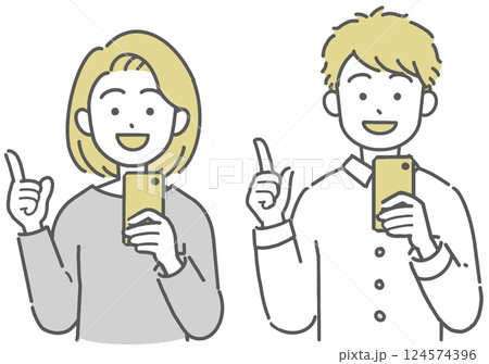 スマホを持って指差しをする若い男女のイラスト 124574396