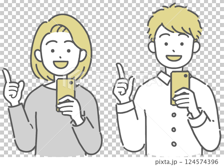 一名年輕男子和一名女子拿著智慧型手機並指著的插圖 124574396