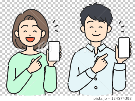 Illustration of young men and women smiling while looking at their smartphones 124574398