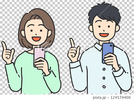 一名年輕男子和一名女子拿著智慧型手機並指著的插圖 124574400