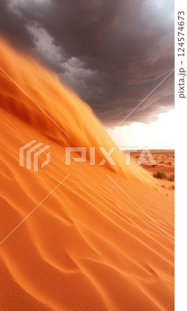sandstorm sweeps across barren desert under dramatic sky sandstorm sweeps across barren desert under dramatic sky 124574673