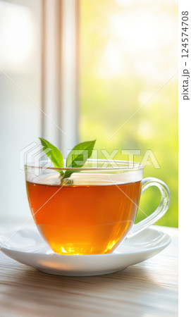 clear glass cup of herbal tea with fresh mint leaves sits on saucer 124574708