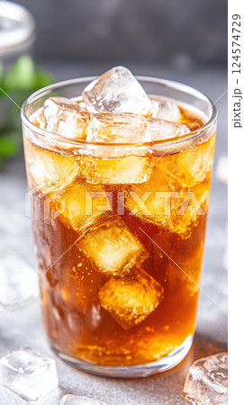 refreshing glass of cold brew coffee with ice cubes 124574729
