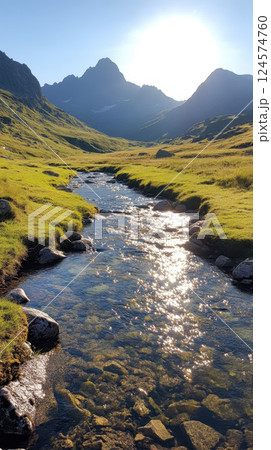 peaceful river flows through green valley under bright sun 124574760