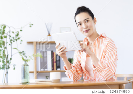 リビングでタブレットを見ている女性 リビングでタブレットを見ている女性 124574990