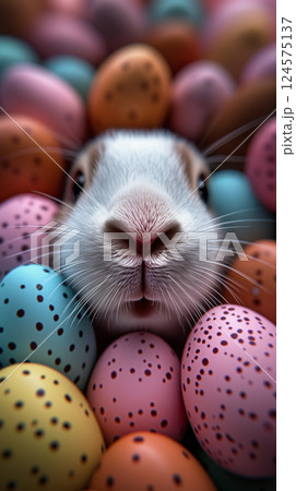 Bunny surrounded by colorful Easter eggs during a festive spring celebration 124575137