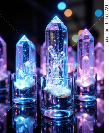 Enchanting crystal display with neon glows for futuristic decor and inspiration 124575221
