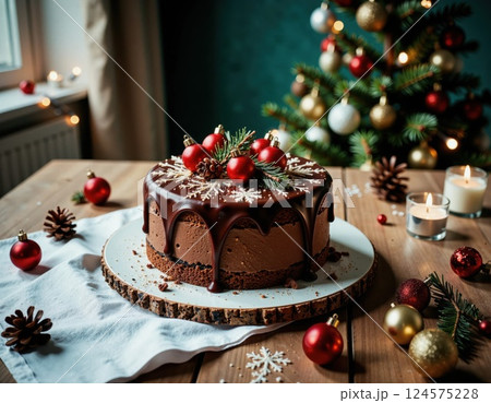 Festive christmas chocolate cake with ornaments and pine decorations for holiday celebration tablescape 124575228