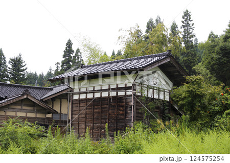 田舎の街道沿いからの風景 夏草が覆う古民家の蔵 124575254