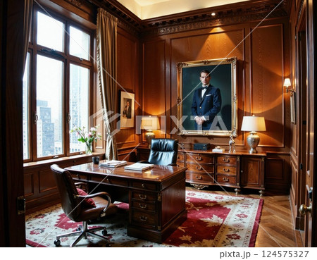 Luxurious executive office interior with classic wooden furniture and cityscape view 124575327