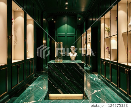 Luxurious green marble hallway with classical bust and elegant lighting 124575328