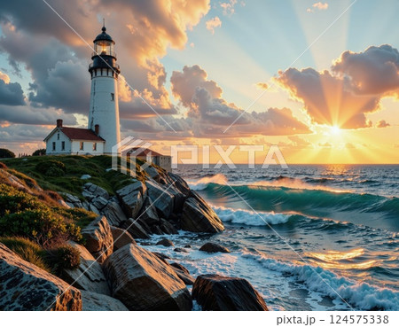 Majestic lighthouse at sunrise overlooking ocean waves and rocky coastline perfect for seaside retreat designs Majestic lighthouse at sunrise overlooking ocean waves and rocky coastline perfect for seaside retreat designs 124575338