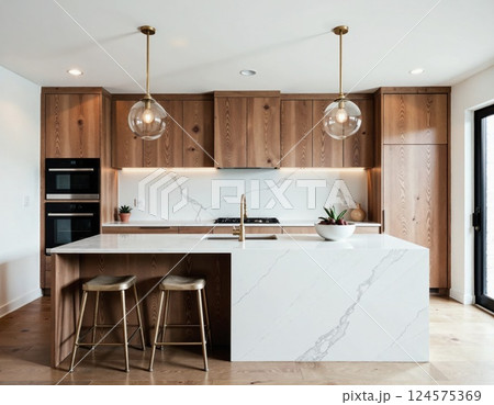 Modern minimalist kitchen design with marble island and wooden accents for contemporary interiors 124575369