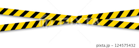 Crossed yellow and black caution tape on a white background, symbolizing danger, restriction, or safety warnings. 124575432