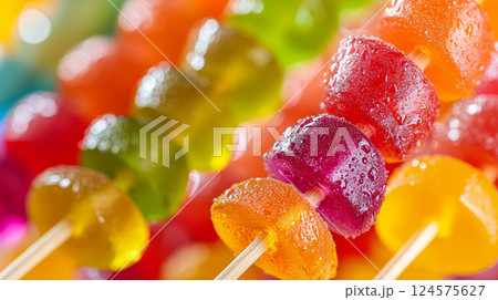 Colorful gummy candy skewers displayed on a vibrant background perfect for parties and celebrations Colorful gummy candy skewers displayed on a vibrant background perfect for parties and celebrations 124575627