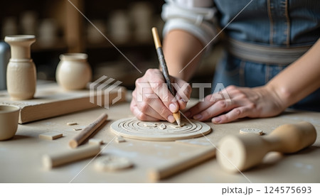 Crafting intricate clay designs in a pottery studio during a creative workshop session 124575693