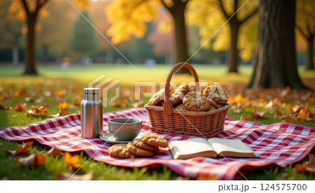Cozy autumn picnic with fresh cookies and warm drink among colorful leaves in the park 124575700
