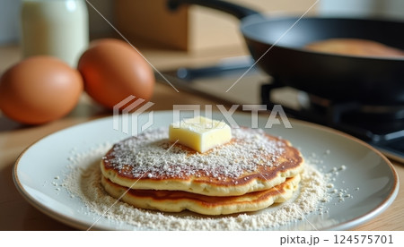 Fluffy pancakes topped with butter served on a plate with eggs and flour in a cozy kitchen setting 124575701