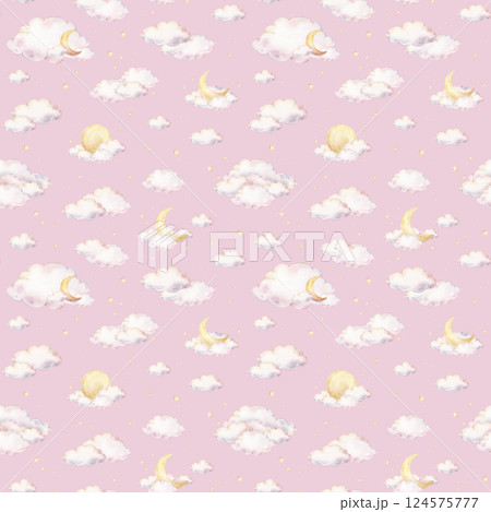 Seamless watercolor pattern with rainbow colors pastel clouds and yellow stars, and crescent moons. Illustration of background for nursery wallpaper, baby decor, textiles, or children paper. Seamless watercolor pattern with rainbow colors pastel clouds and yellow stars, and crescent moons. Illustration of background for nursery wallpaper, baby decor, textiles, or children paper. 124575777