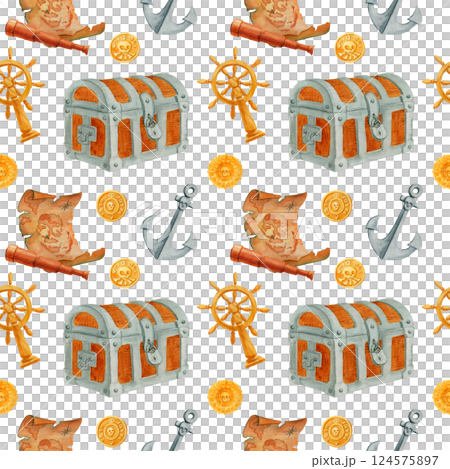In search of treasure. Watercolor cartoon print with pirate chest, old treasure map and coins on white background. Creative children design for fabrics, packaging, textiles, wallpaper, clothing In search of treasure. Watercolor cartoon print with pirate chest, old treasure map and coins on white background. Creative children design for fabrics, packaging, textiles, wallpaper, clothing 124575897