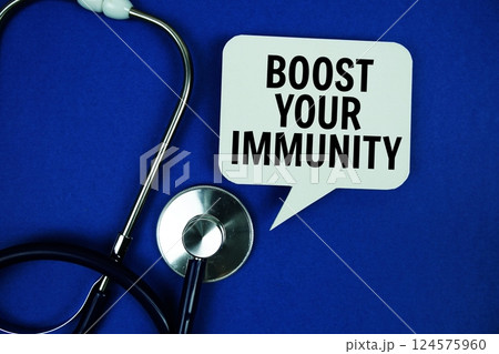 Boost Your Immunity text message on speech bubble with stethoscope on blue background Boost Your Immunity text message on speech bubble with stethoscope on blue background 124575960