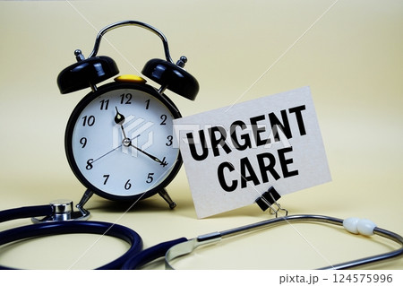 Urgent Care text on speech bubble with alarm clock and stethoscope on yellow background, Healthy concept Urgent Care text on speech bubble with alarm clock and stethoscope on yellow background, Healthy concept 124575996