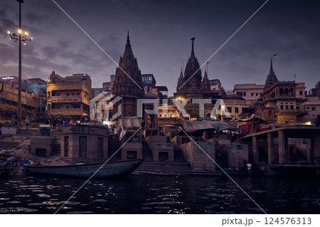 Panorama of Varanasi ghat at Ganges river at night, India 124576313