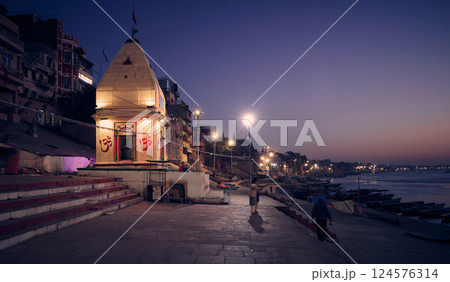 Panorama of Varanasi ghat at Ganges river at night, India Panorama of Varanasi ghat at Ganges river at night, India 124576314
