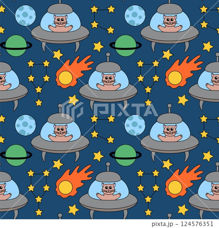 Space Seamless Pattern with funny cat in UFO spaceship, Planets and Stars, Constellation. Vector Background for Kids Design. Flat Illustration. 124576351