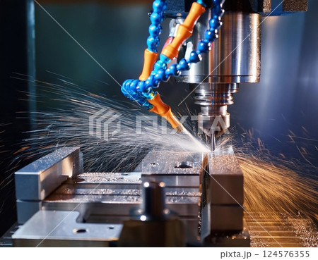 CNC milling machine processing on steel with cooling 124576355