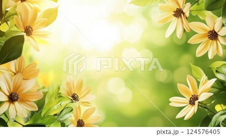 sunny floral border with yellow blossoms and lush green leaves framing a soft, glowing background 124576405