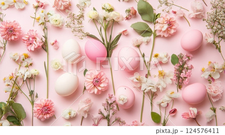 pink and white Easter eggs beautifully arranged among delicate spring flowers on a light pink background pink and white Easter eggs beautifully arranged among delicate spring flowers on a light pink background 124576411