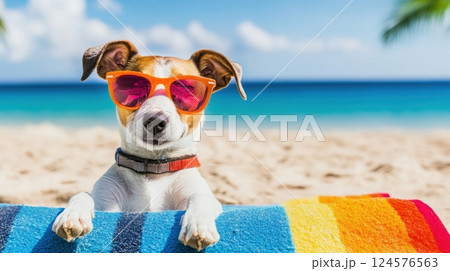 A cheerful dog wearing orange sunglasses relaxes on a colorful beach towel by the ocean on a sunny summer day A cheerful dog wearing orange sunglasses relaxes on a colorful beach towel by the ocean on a sunny summer day 124576563