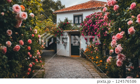 a charming white house in Portugal framed by a cobblestone path and lush rose bushes 124576586