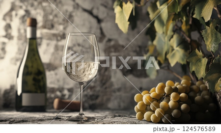 a glass of white wine, a bottle in the background, and a fresh bunch of green grapes with vine leaves 124576589