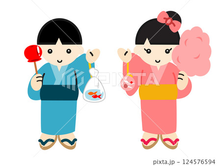 手をふる浴衣姿の男の子と女の子 124576594