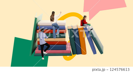Conceptual artwork. Kids climbing stacked books like stairs, highlighting growth through reading and perseverance. 124576613