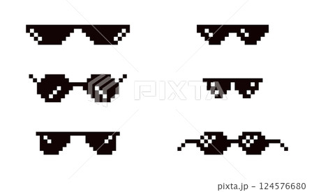 Pixel glasses 8 bit y2k, sunglasses. Meme icon, googgles. Mafia meme prank funny black hipster eyeglasses for gangster  124576680