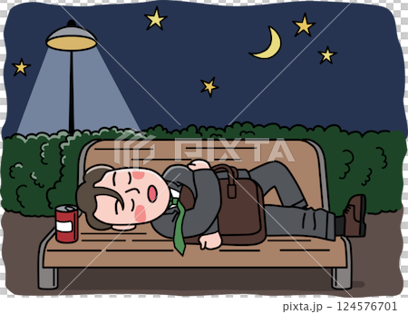 Illustration of a drunk businessman who drank too much and fell asleep on a park bench 124576701