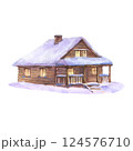 Watercolor illustration of a cozy wooden cabin covered in snow with glowing windows. Perfect for Christmas designs, greeting cards, holiday decorations. Hand drawn illustration on white background 124576710